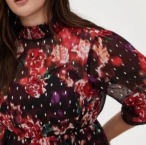 BURGUNDY PURPLE FLORAL CHIFFON  MIDI DRESS